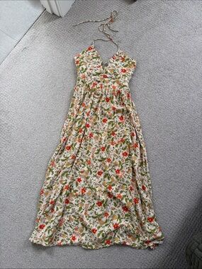 Billabong Floral Halter Midi Dress in Cream, Green and Red-Orange